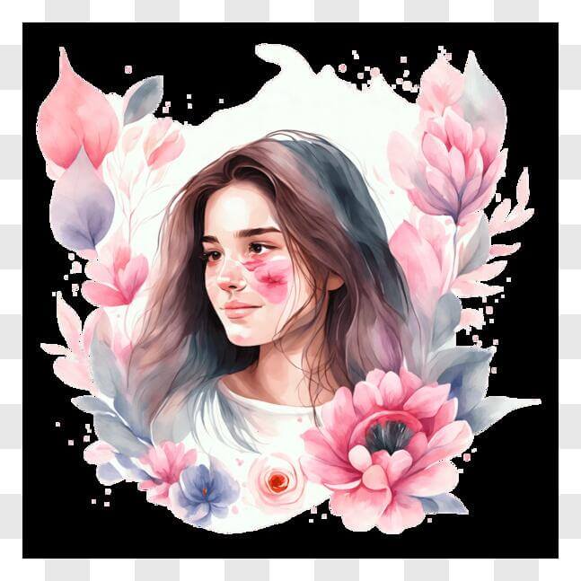 Download Watercolor Painting of a Girl with Pink Flowers PNG Online