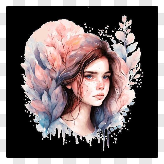 Download Watercolor painting of a girl with flowers and leaves PNG