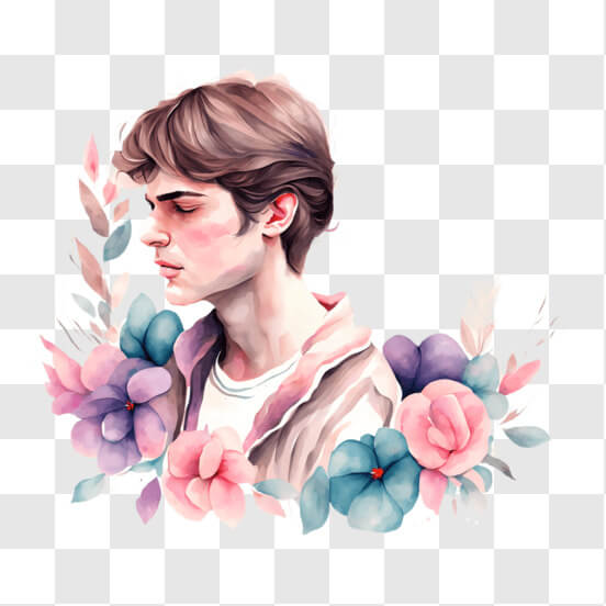 Watercolor Portrait of a Young Man Surrounded by Flowers