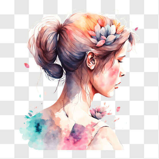 Abstract Watercolor Painting of Woman with Flowers in Hair