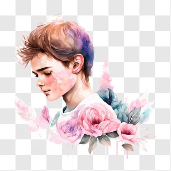 Illustration of Boy with Pink Hair and Flowers