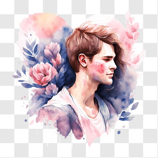 Attractive Young Man with Long Hair and Pink Flowers - Watercolor Painting