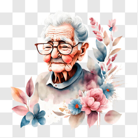 Watercolor painting of elderly woman with glasses and flowers