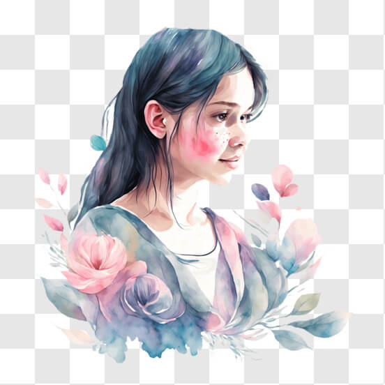Watercolor Art: Girl with Blue Hair and Pink Flowers
