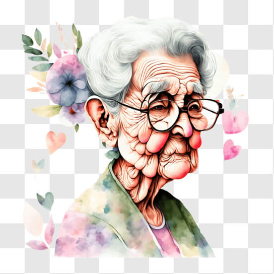 Portrait of an Elderly Woman with Glasses and Flowers in her Hair
