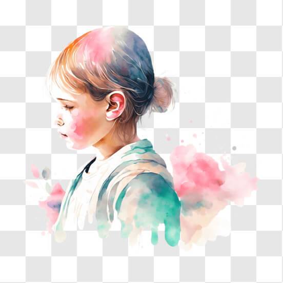 Illustration of a young girl surrounded by colorful watercolor splashes