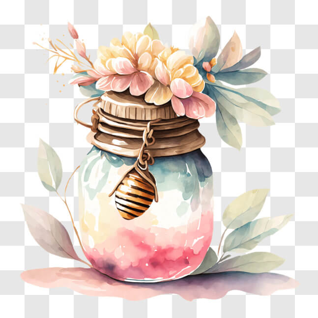 Download Glass Jar with Flowers, Bees, and Leaves PNGs Online
