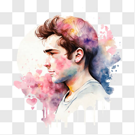 Portrait of a Young Man with Colorful Watercolor Splashes and Hearts