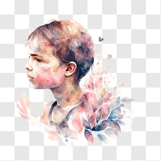Watercolor Painting of a Boy with Flowers