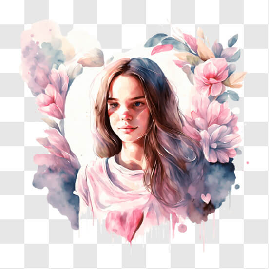Watercolor Portrait of Attractive Woman with Pink Flowers