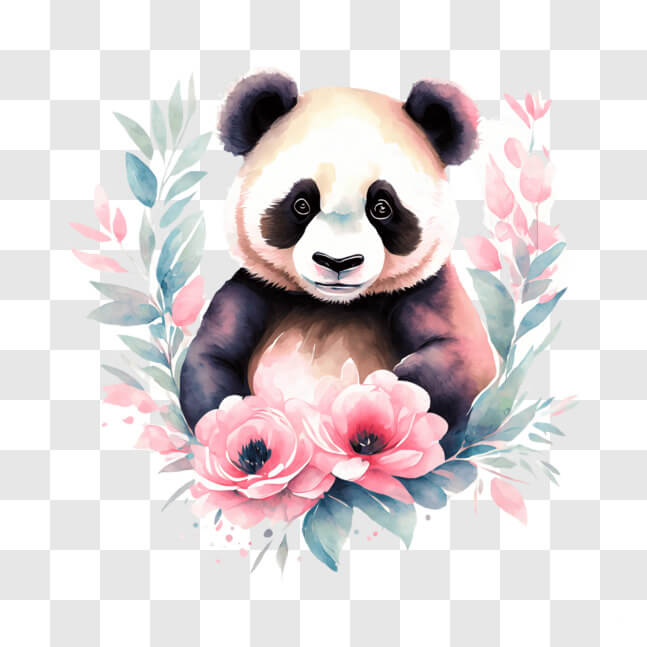 Download Panda Bear Sitting Among Pink Flowers and Leaves PNGs Online ...