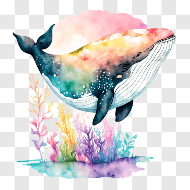 Download Watercolor Whale Swimming in the Ocean with Colorful Corals ...