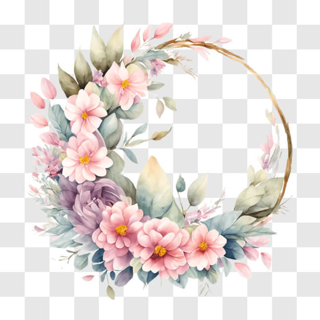 Download Watercolor Floral Wreath with Pink and Purple Flowers PNGs ...