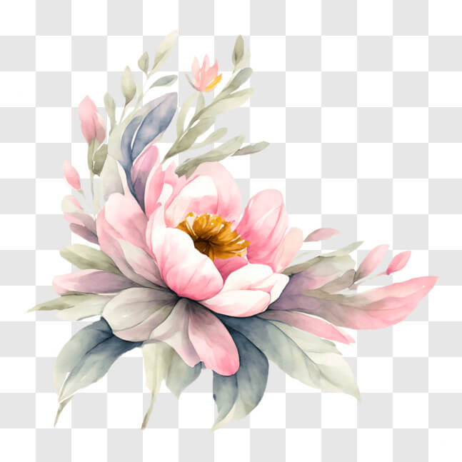 Download Watercolor Flower Art with Pink Petals and Green Leaves PNGs ...