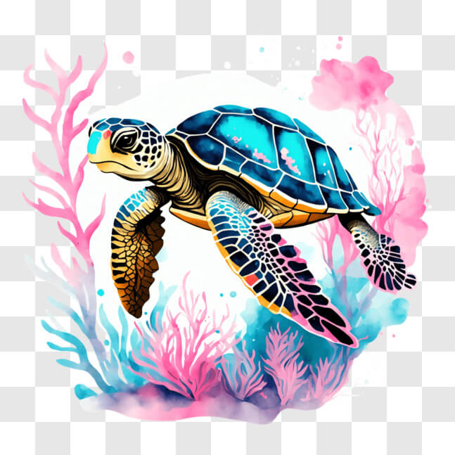 Download Colorful Sea Turtle Swimming in Ocean with Coral Reefs PNGs ...