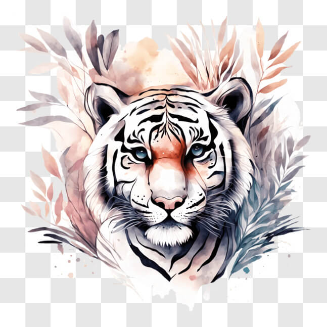 Download White Tiger Art Print with Blue Eyes and Green Leaves PNG ...