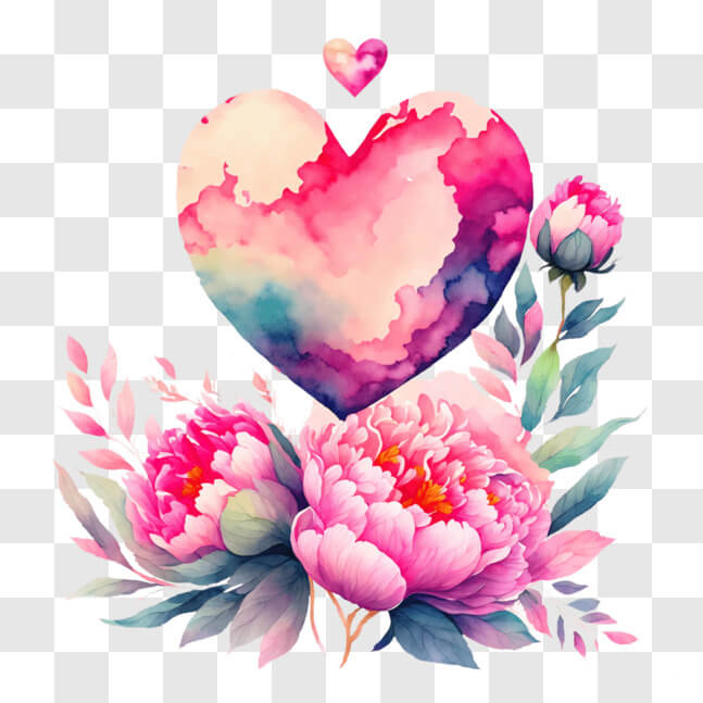 Download Heart-shaped Watercolor Painting with Pink Flowers and Peonies ...