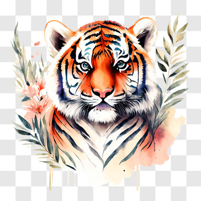 Download Artistic Watercolor Tiger Face with Floral Background PNG ...