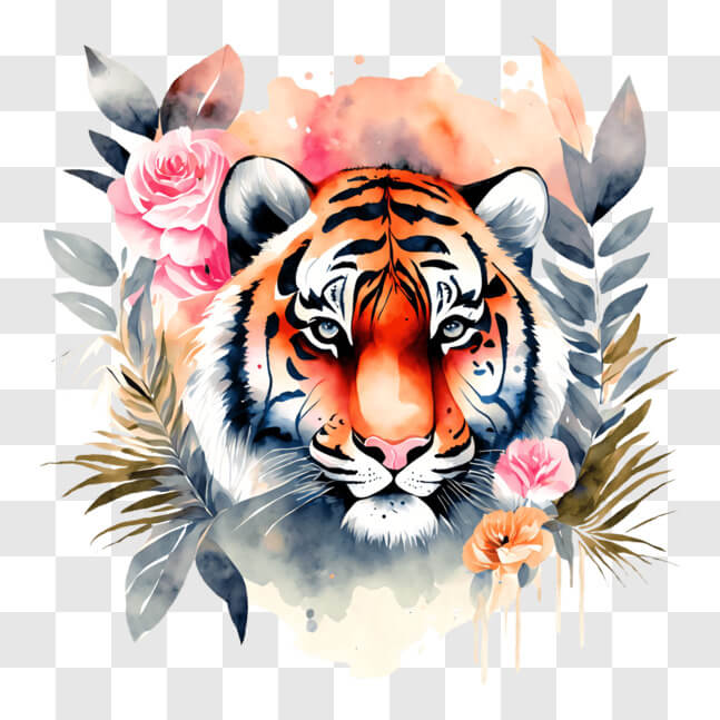 Download Watercolor Tiger with Flowers and Leaves PNG Online - Creative ...