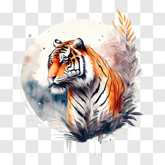 Download Orange Tiger Watercolor Painting with Full Moon PNG Online ...