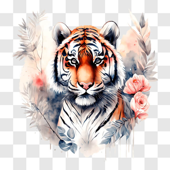 Download Tiger in Watercolor Artwork with Floral Elements PNG Online ...