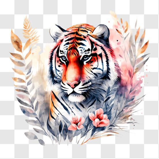 Download Watercolor Tiger with Flowers and Leaves PNG Online - Creative ...