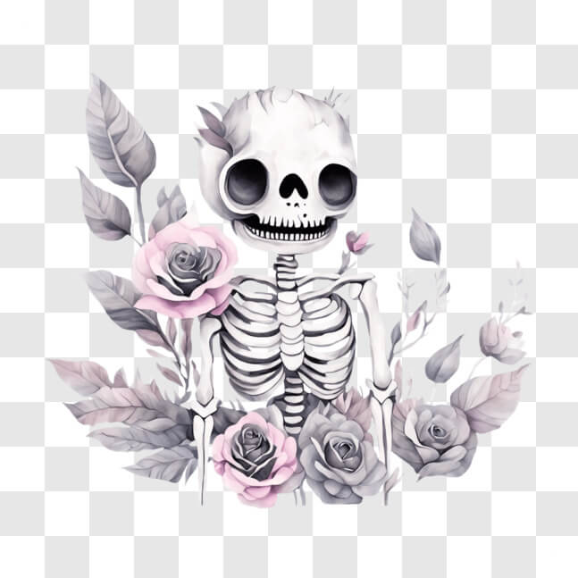 Download Skeleton with Pink Roses and Flowers Art Print PNGs Online ...