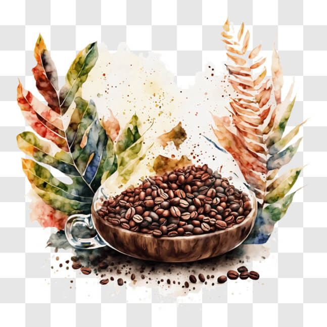 Download Coffee Beans Watercolor Painting with Colorful Leaves PNG ...
