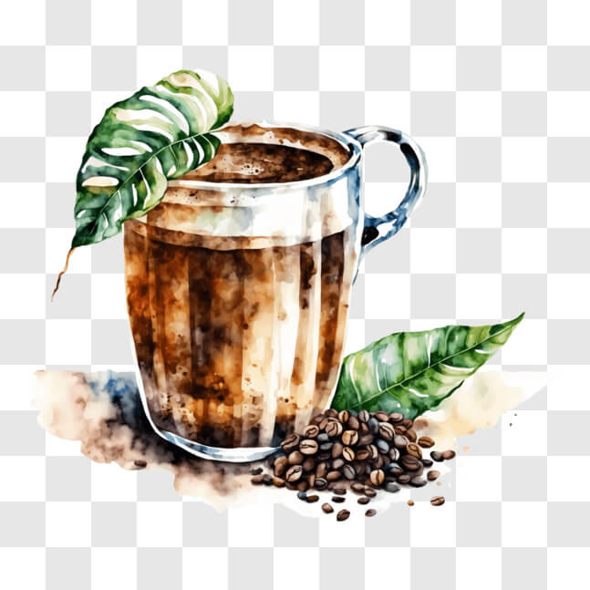 Download Artistic Watercolor Coffee Cup with Green Leaves and Beans PNG ...