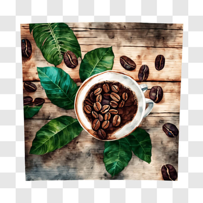 Download Coffee Cup with Coffee Beans and Green Leaves PNG Online ...