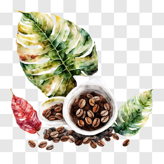 Download Coffee Beans and Leaves Watercolor Painting PNG Online ...