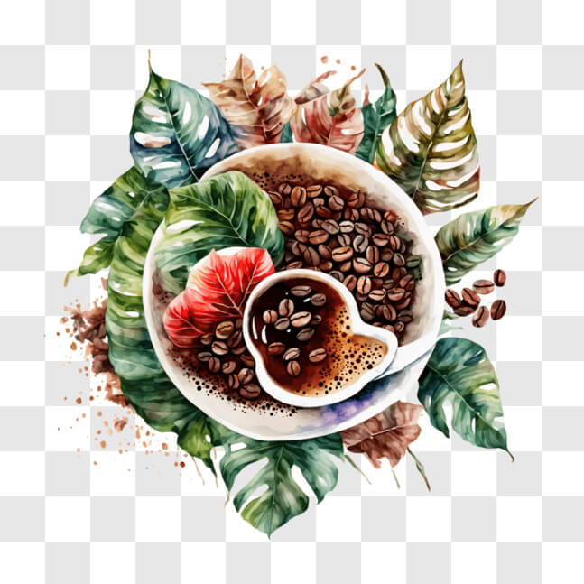 Download Artistic Coffee Painting with Tropical Elements PNG Online ...