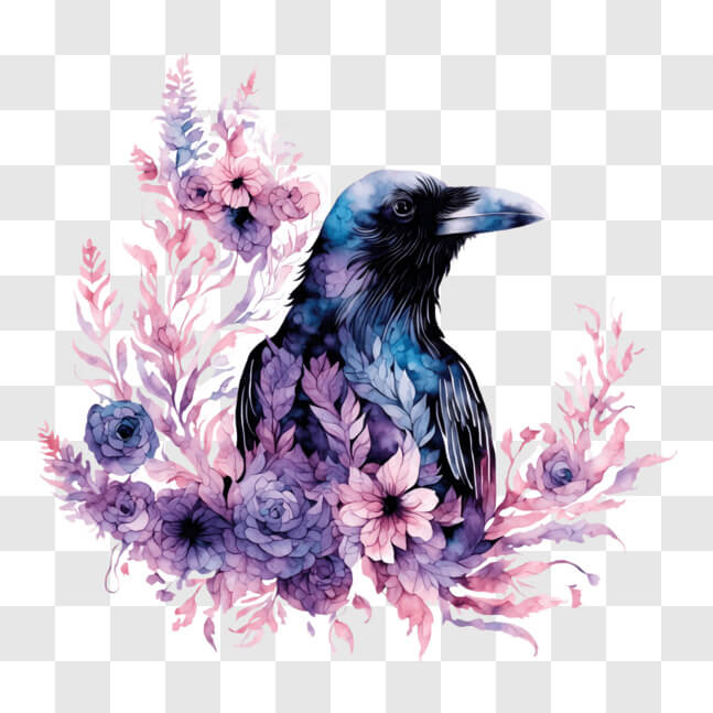 Download Black Crow on Purple Flowers and Leaves PNGs Online - Creative ...