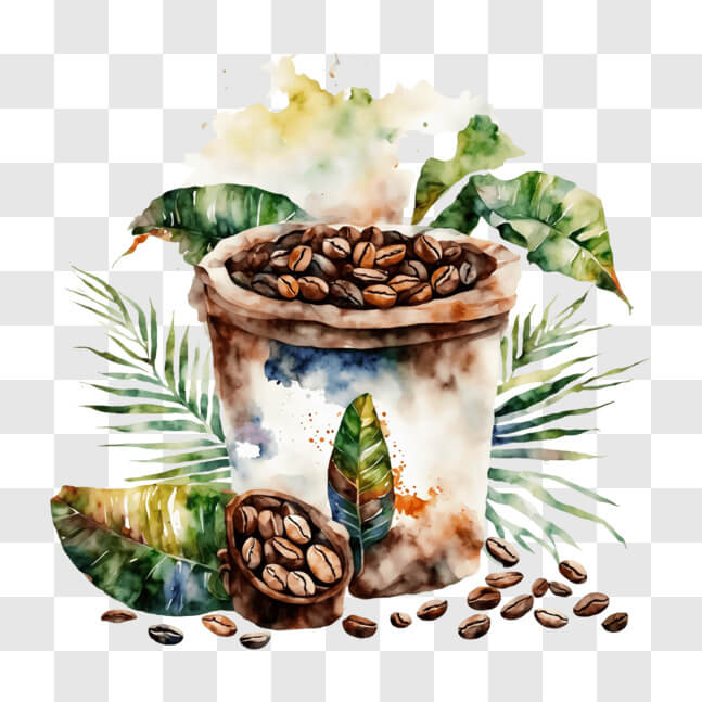 Download Watercolor Coffee Cup with Coffee Beans and Leaves PNG Online ...