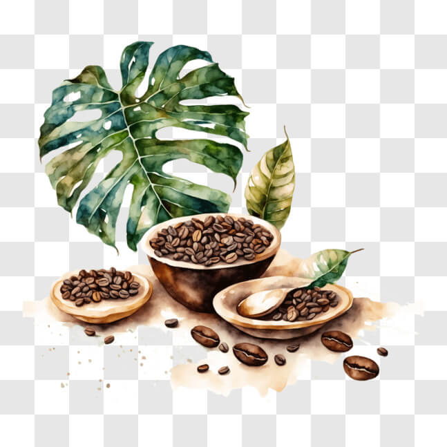 Download Coffee Beans in Bowls with Tropical Plants - Watercolor ...