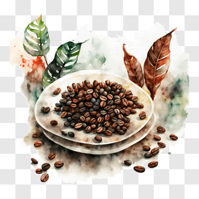 Download Coffee Beans Watercolor Painting with Leaves PNG Online ...
