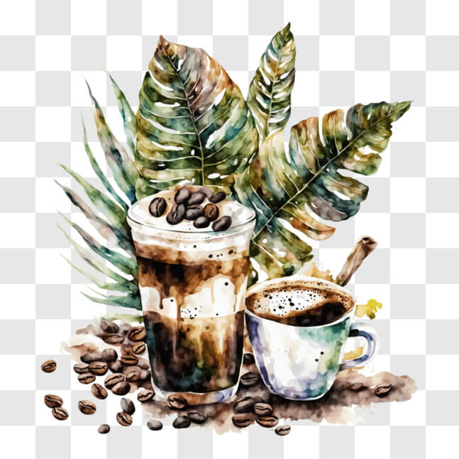 Download Coffee Cups with Tropical Leaves Watercolor Painting PNG ...