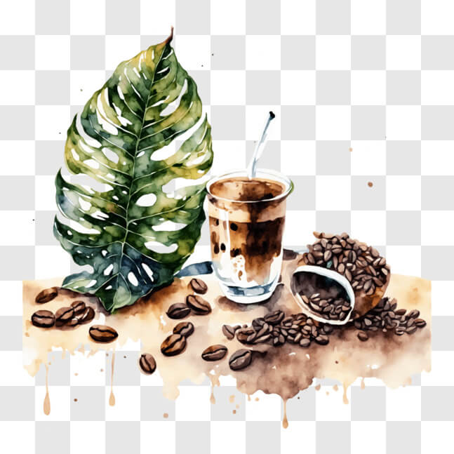Download Coffee Beans and Iced Coffee Watercolor Painting PNG Online ...