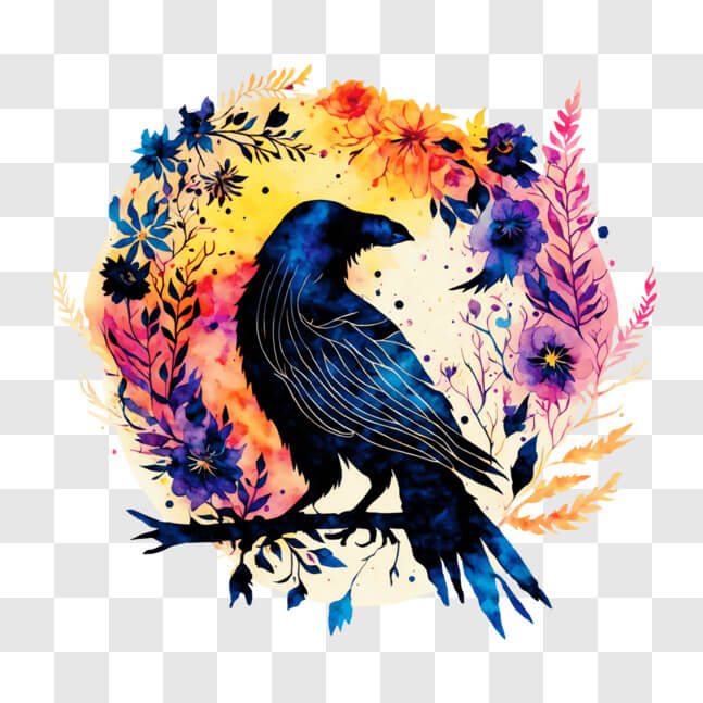Download Black Crow on Branch with Colorful Flowers and Leaves PNGs ...