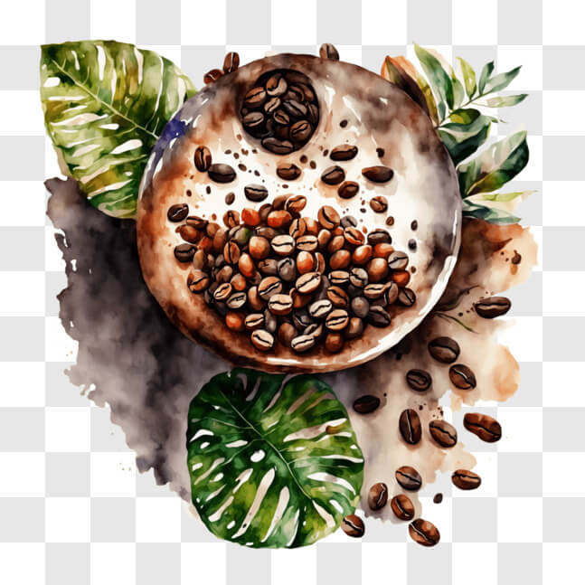 Download Coffee Beans and Green Leaves Watercolor Painting PNG Online ...