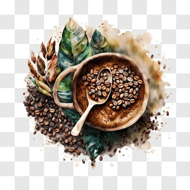 Download Coffee Cup with Coffee Beans and Spoon PNG Online - Creative ...