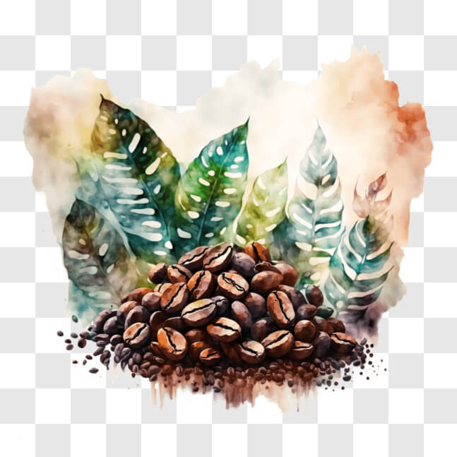Download Coffee Beans and Green Leaves Watercolor Painting PNG Online ...