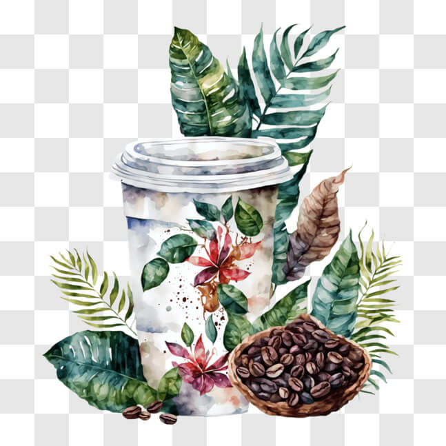 Download Coffee Cup with Tropical Plants and Flowers PNG Online ...