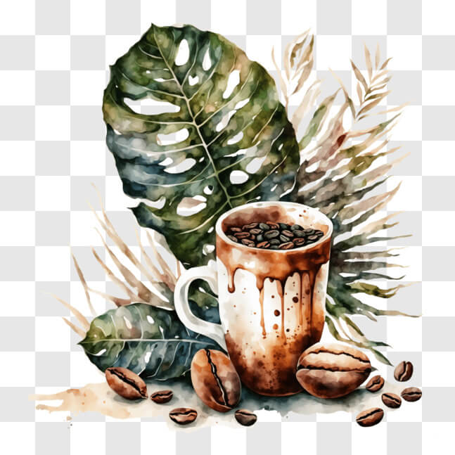 Download Coffee Cup with Beans and Tropical Leaves PNG Online ...