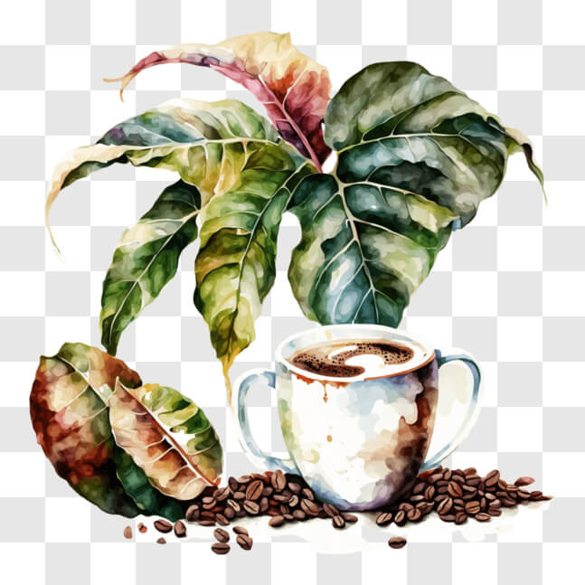 Download Coffee Cup with Beans and Leaves PNG Online - Creative Fabrica