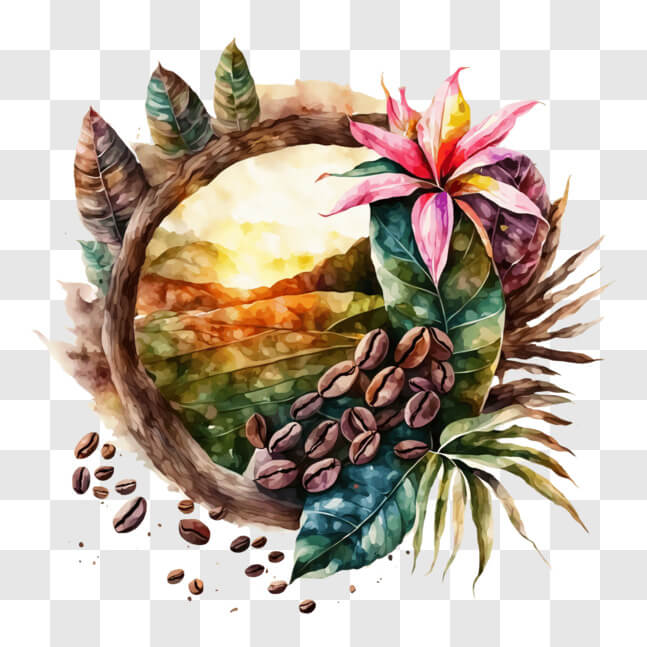Download Coffee Beans and Flowers Watercolor Painting PNG Online ...