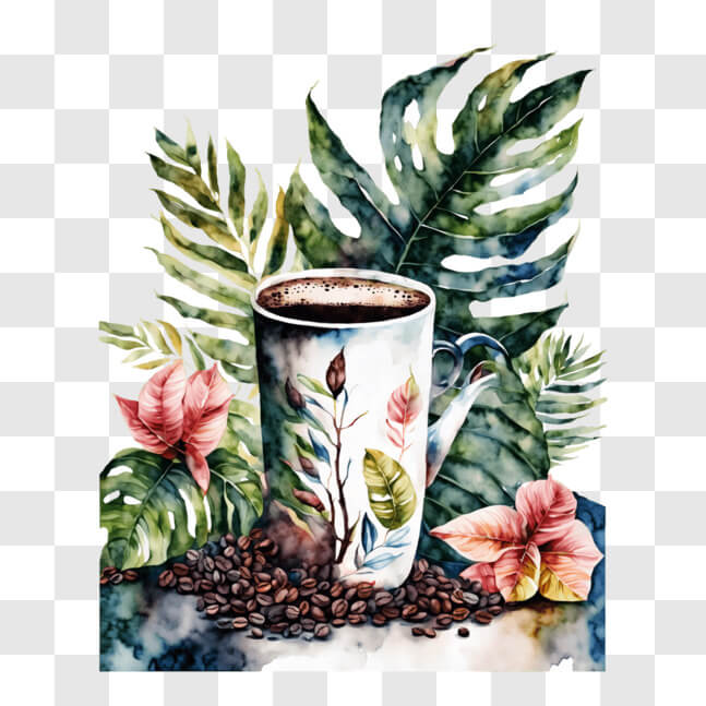 Download Coffee Cup with Flowers and Coffee Beans PNG Online - Creative ...