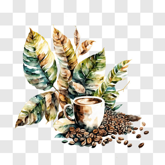 Download Artistic Coffee Scene with Coffee Beans and Leaves PNG Online ...