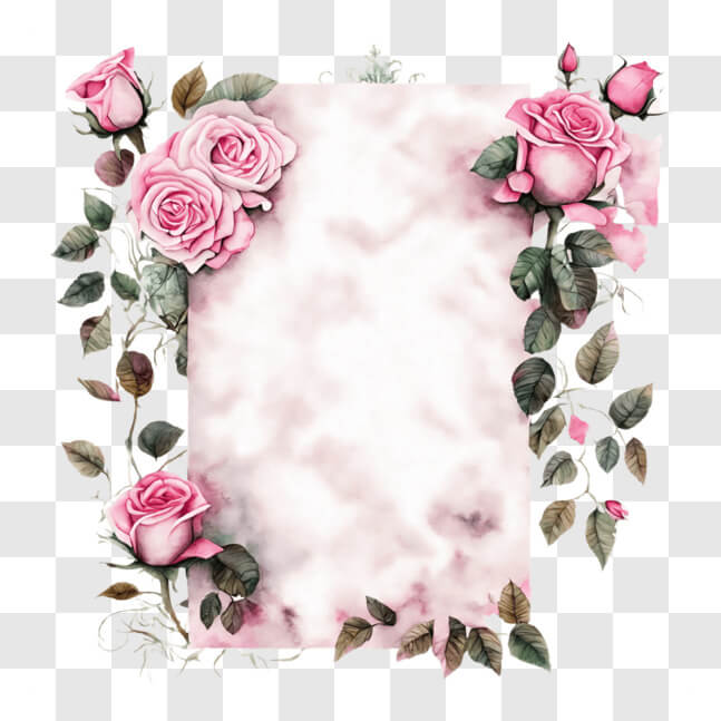 Download Floral Frame Design with Pink Roses and Green Leaves PNGs ...