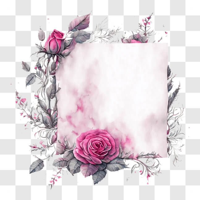 Download Watercolor Floral Frame with Pink Roses and Green Leaves PNGs ...